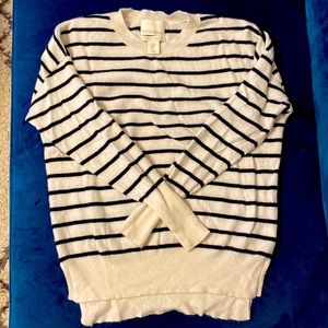 2-ply black & cream striped cashmere sweater